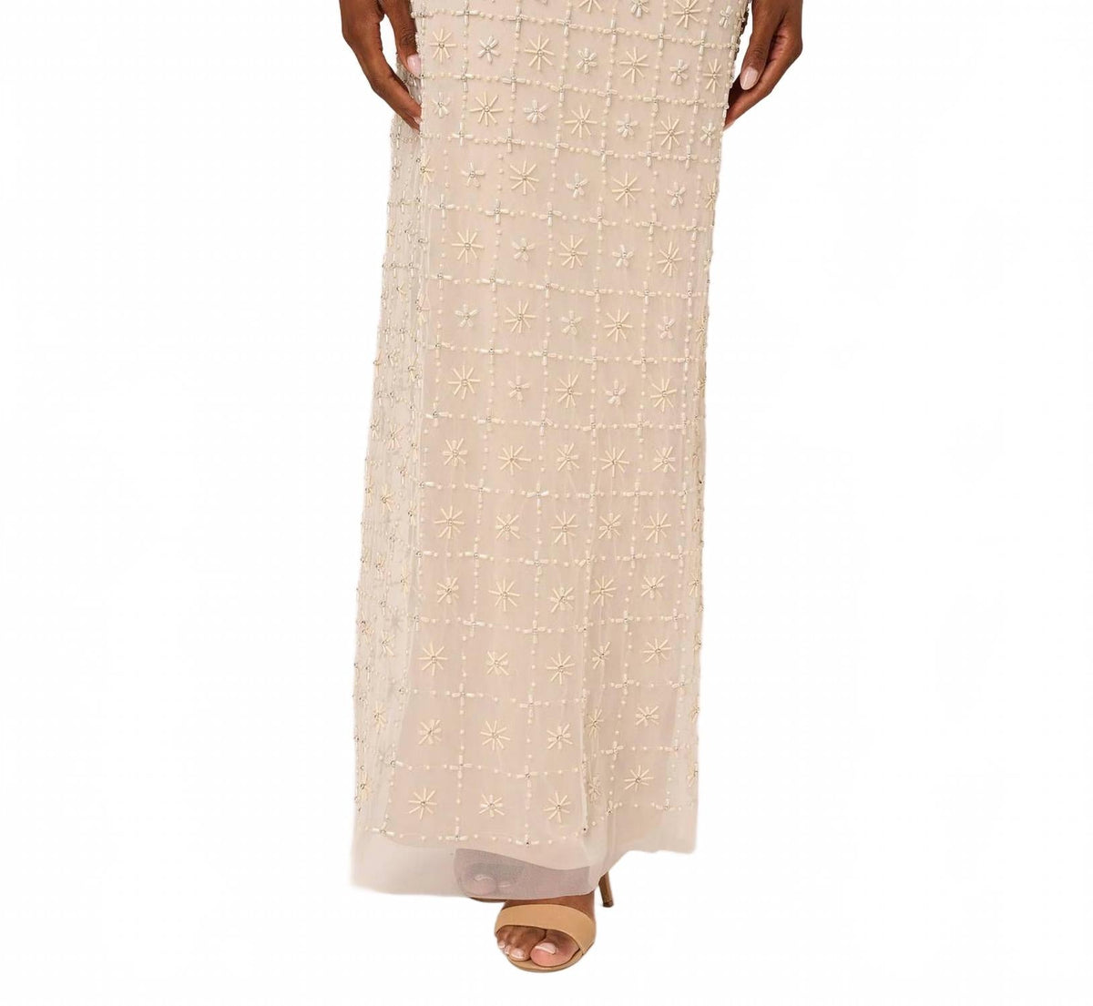 Long Formal Mesh Beaded Evening Dress In Ivory Nude