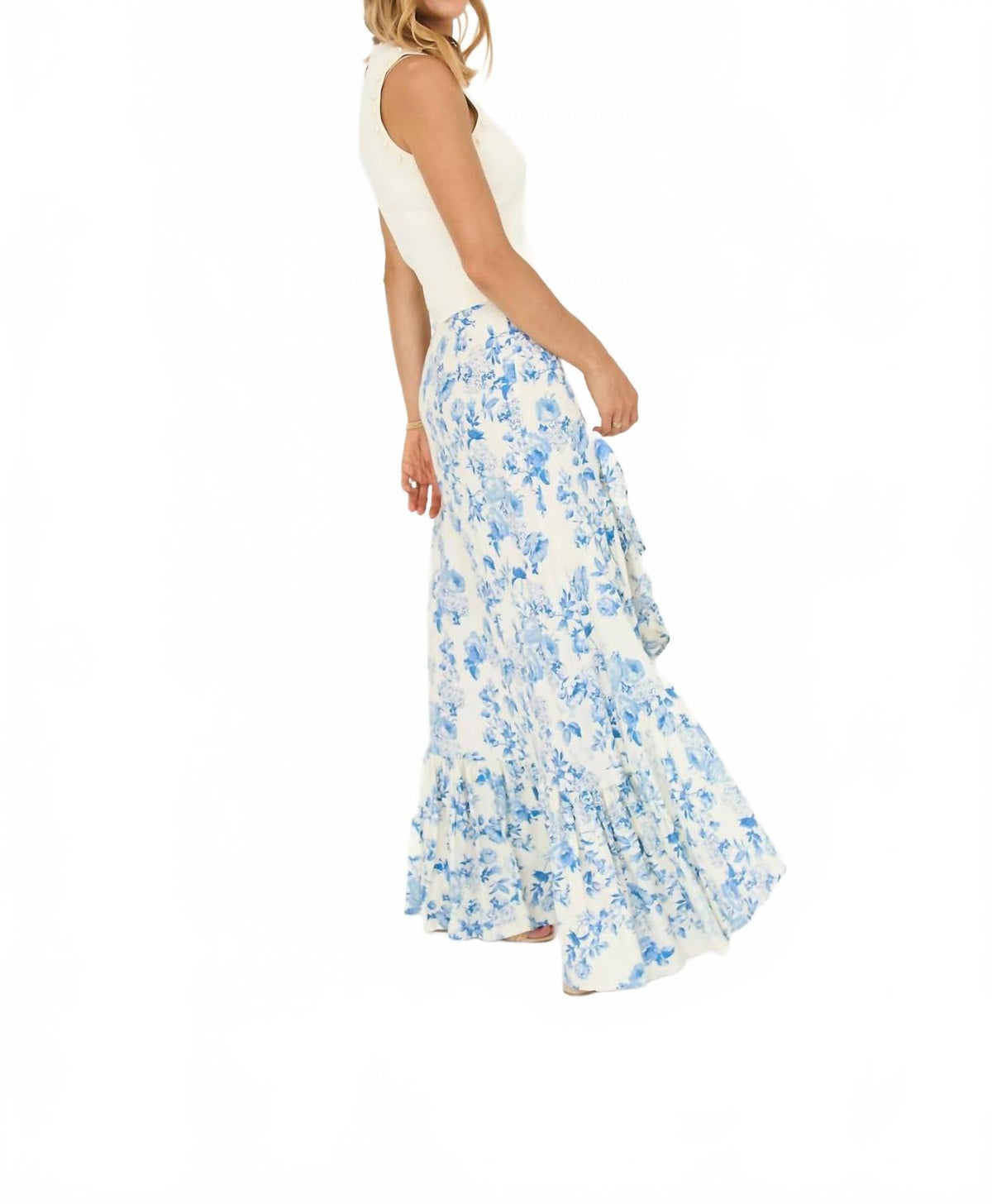 Jodie Ruffle Maxi Skirt In Blue/ White