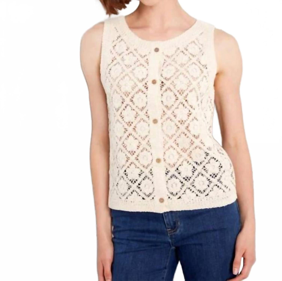 Crochet Cotton Sleeveless Vest In Natural