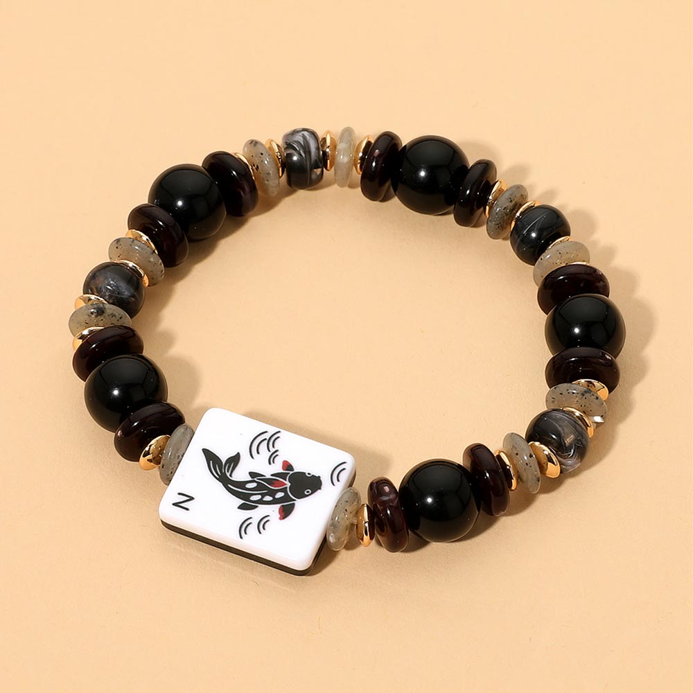 Mahjong Tile Charm Accent Beaded Stretch Bracelet