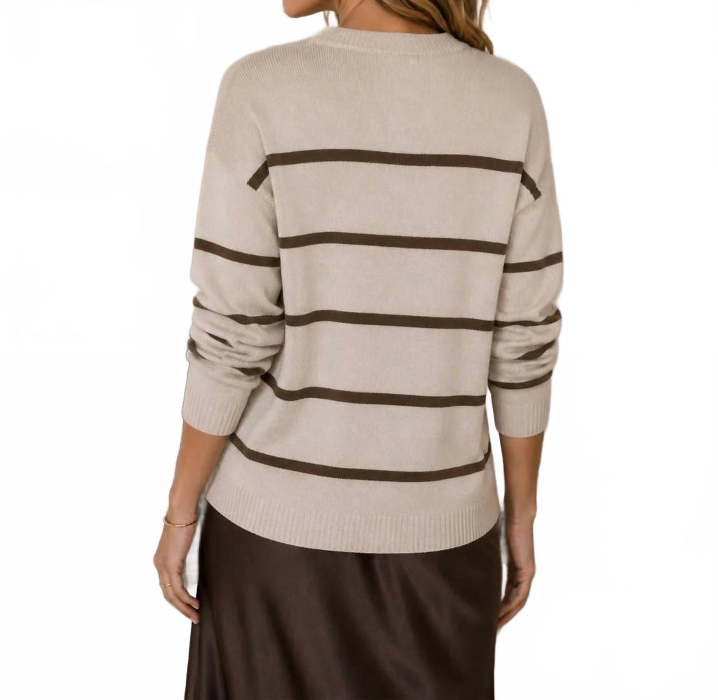 Split Neck Striped Sweater In Bone & Brown