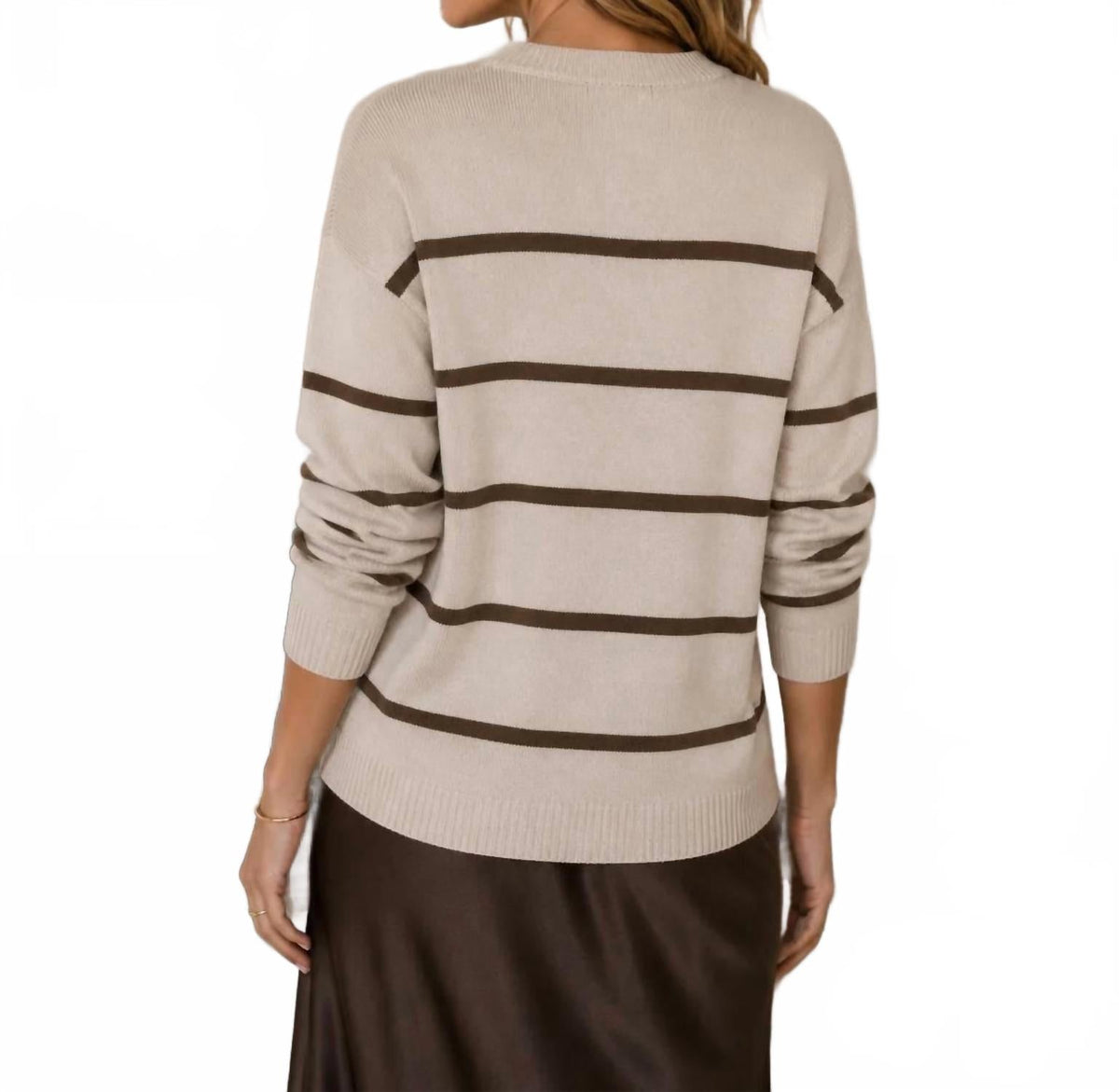 Split Neck Striped Sweater In Bone & Brown