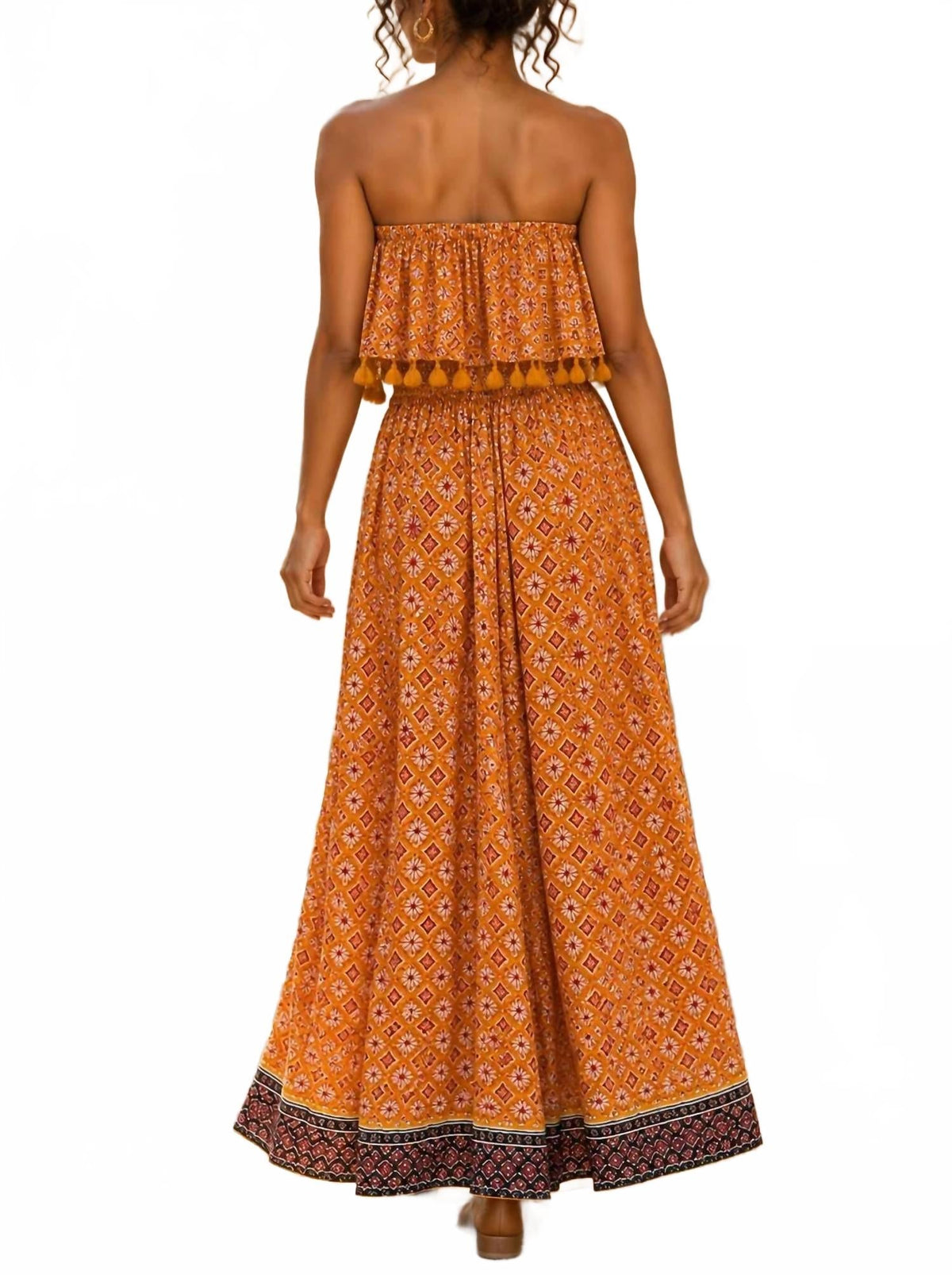 Block Print Strapless Maxi Dress In Orange