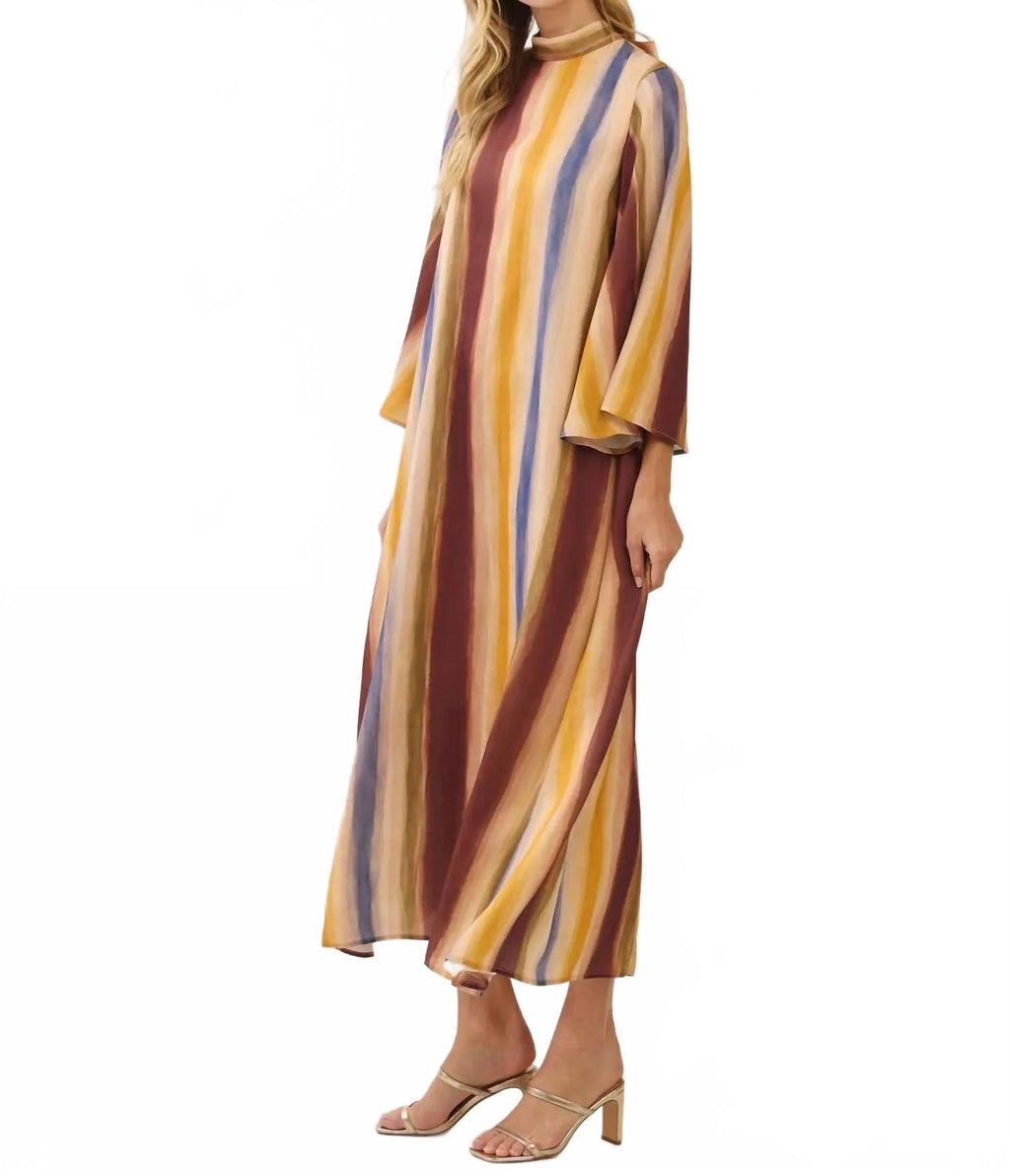 Watercolor Striped Tie Neck Maxi Dress In Multicolor