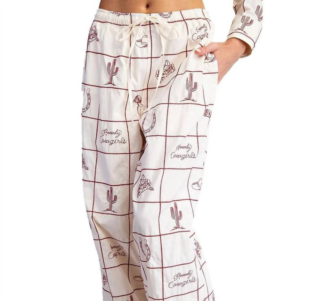 Western Grid Embroidered Pants In Cherry Wood Cream