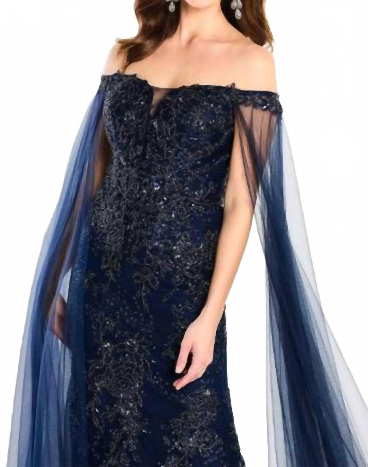Beaded Off Shoulder Evening Gown In Navy