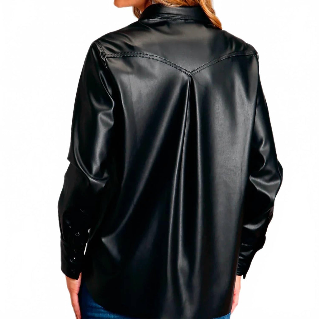 Faux Leather Long Sleeve Shirt In Black