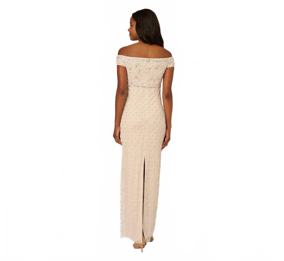 Long Formal Mesh Beaded Evening Dress In Ivory Nude