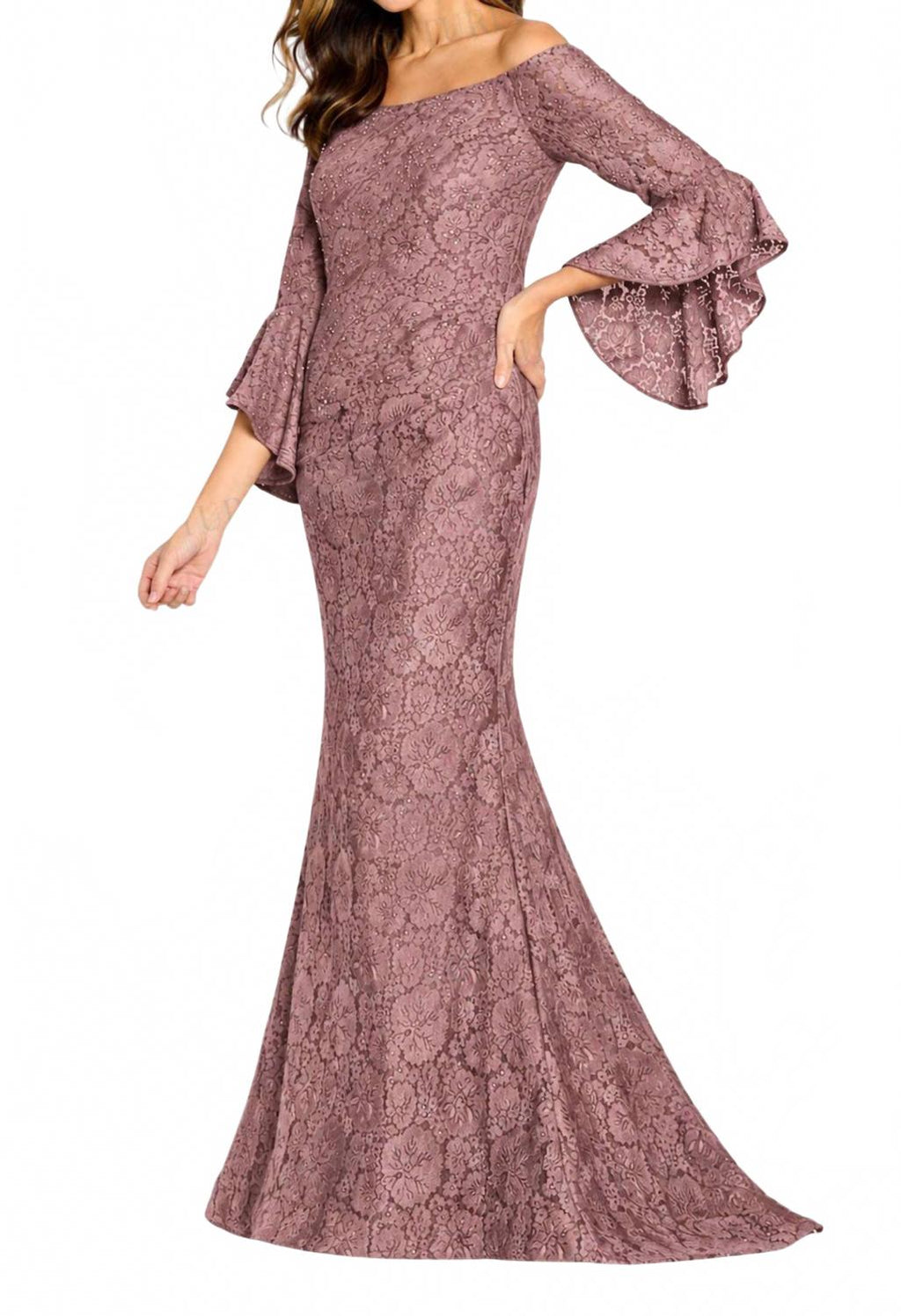 Bell Sleeve Lace Evening Gown In Rose