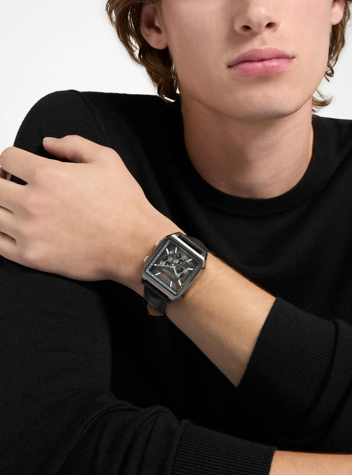 Oversized Hayes Gunmetal-Tone and Crocodile Embossed Leather Strap Sport Watch