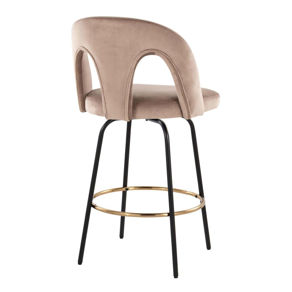 Fixed-Height Counter Stool with Swivel in Black Metal and Taupe Velvet with Round Gold Metal Footrest - Set of 2