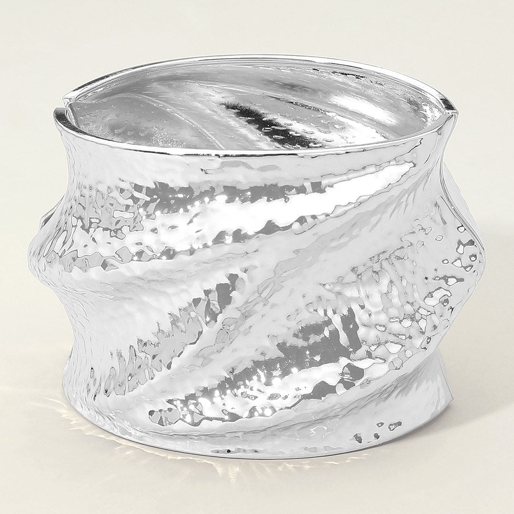 Wide Hammered Metal Abstract Hinged Bangle Bracelet