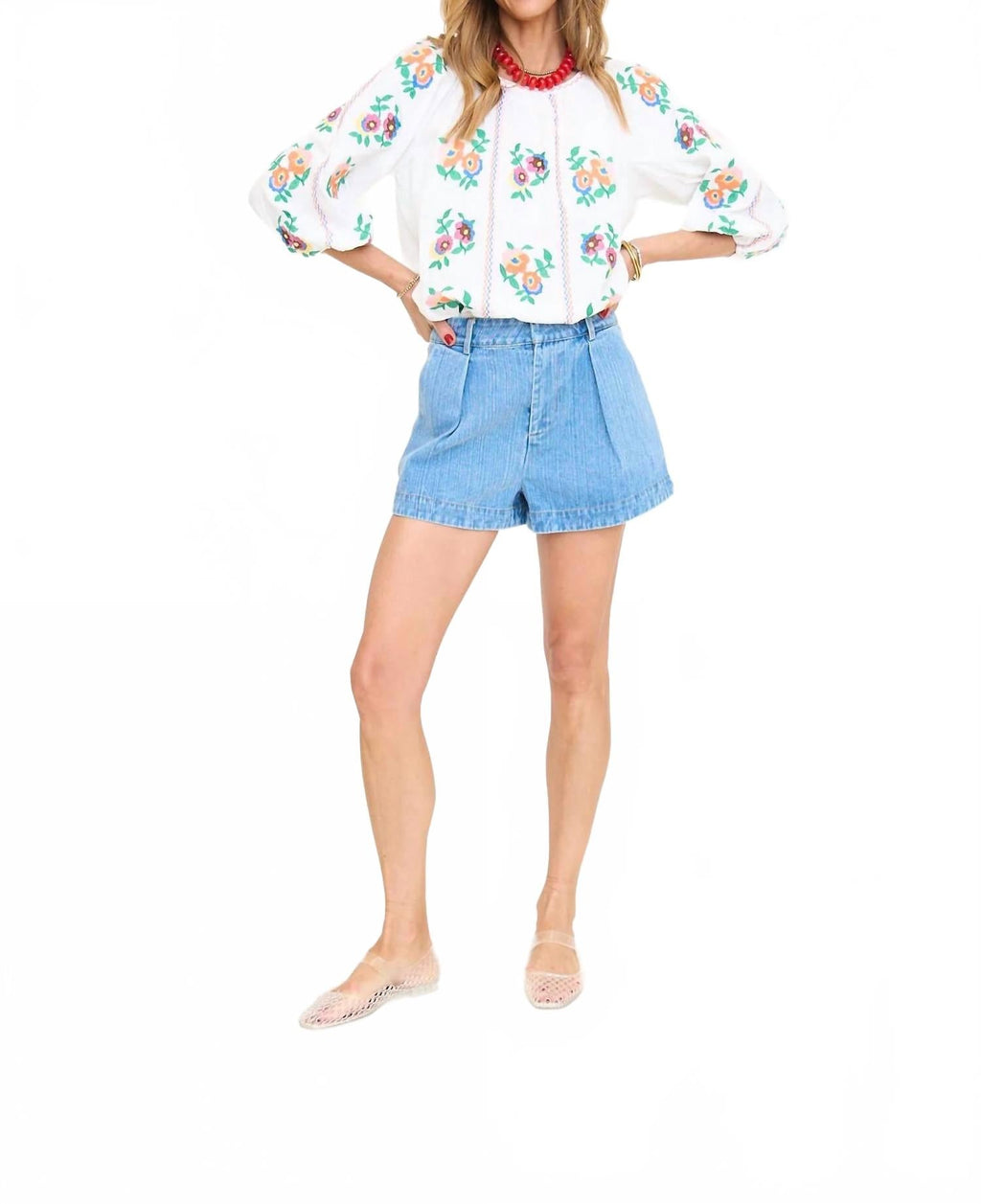 Pleated High Waist Denim Shorts In Blue