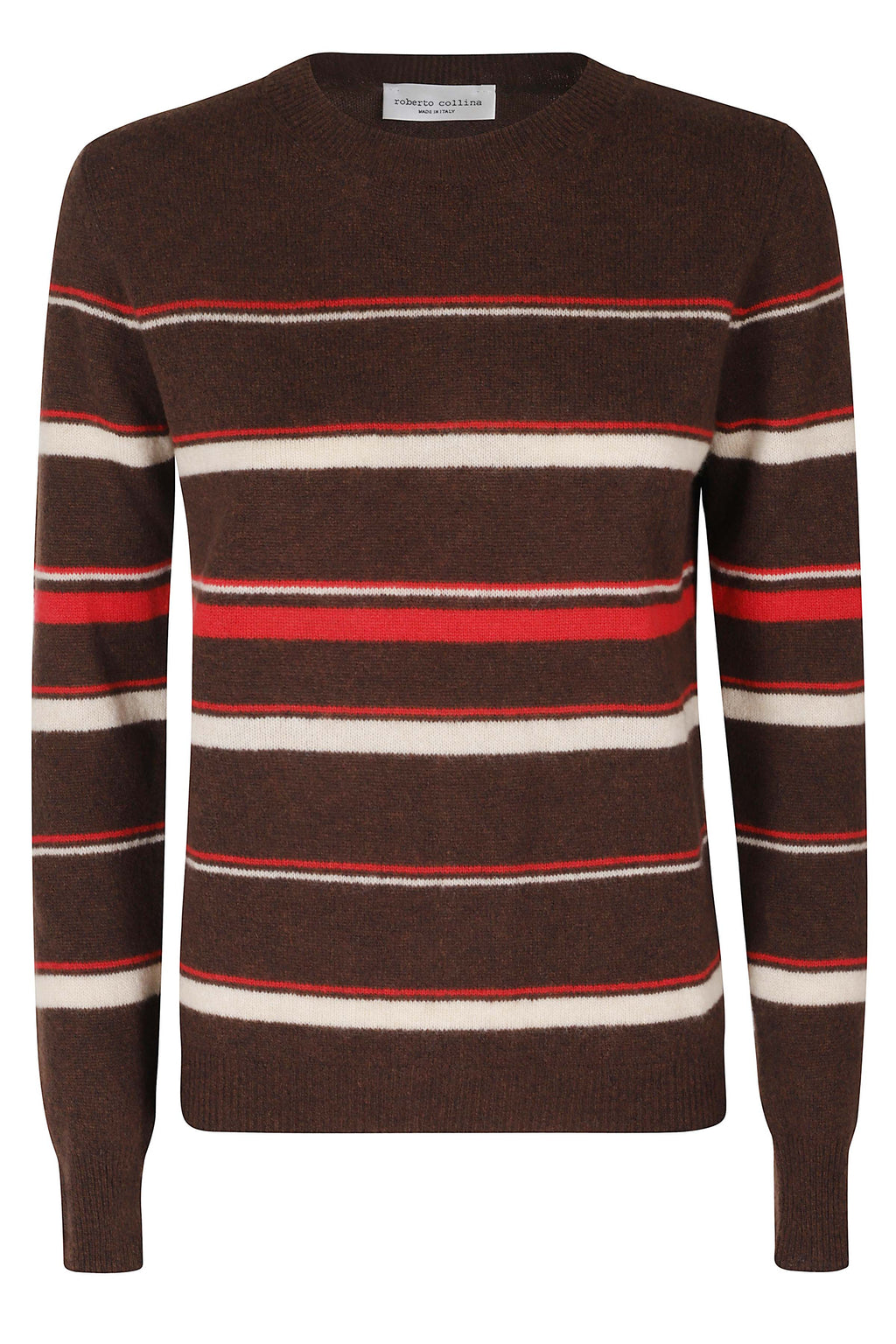 Brown Striped Cashmere-Silk Crewneck Sweater