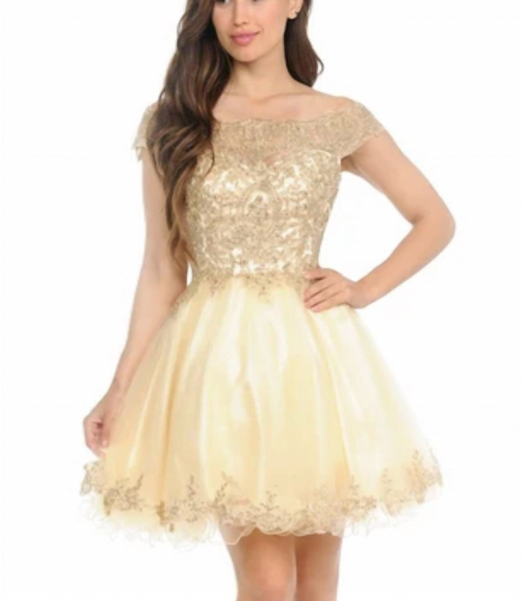 Off Shoulder Embellished Cocktail Mini Dress In Champagne Gold