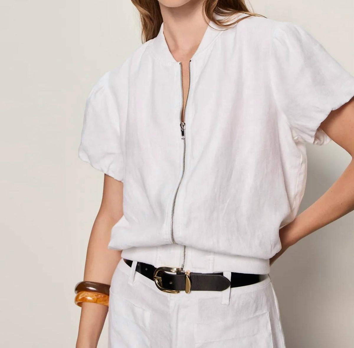 Everly Linen Bomber Top In White