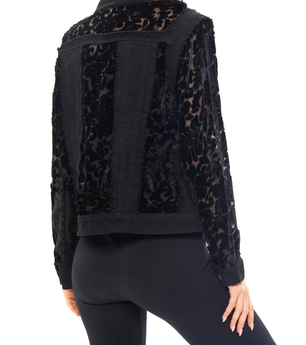 Velvet Floral Mesh Denim Jacket In Black