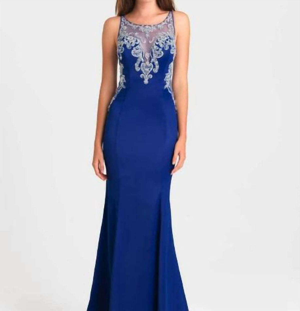 Illusion Embroidered Evening Maxi Dress In Royal