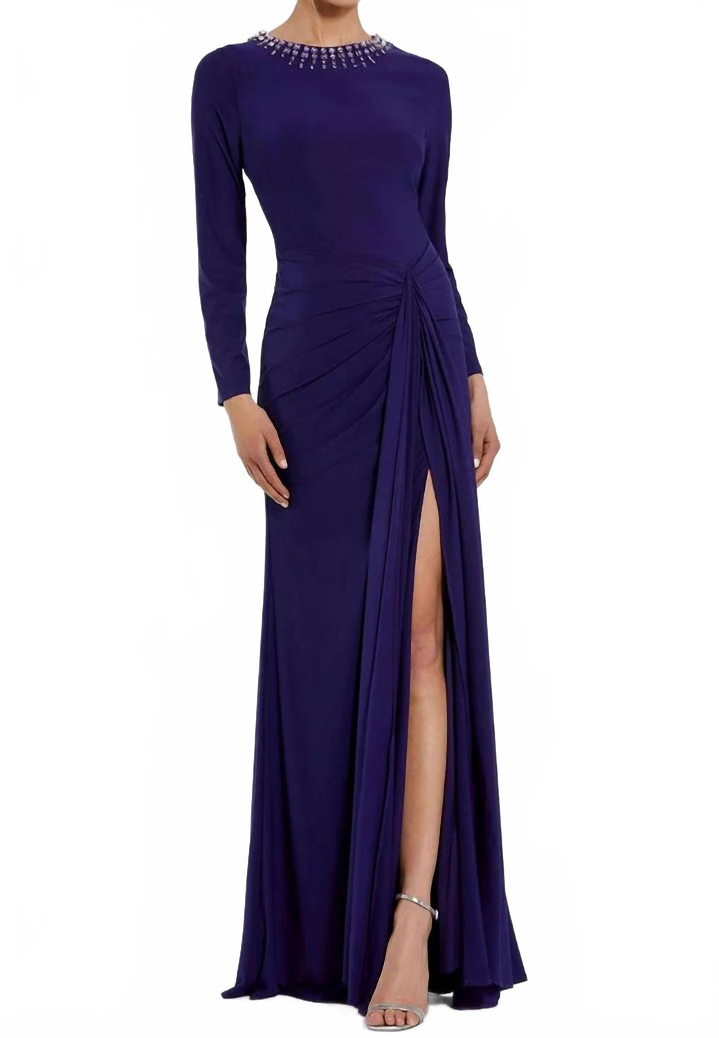 Beaded Trim Jewel Neckline Formal Gown In Indigo