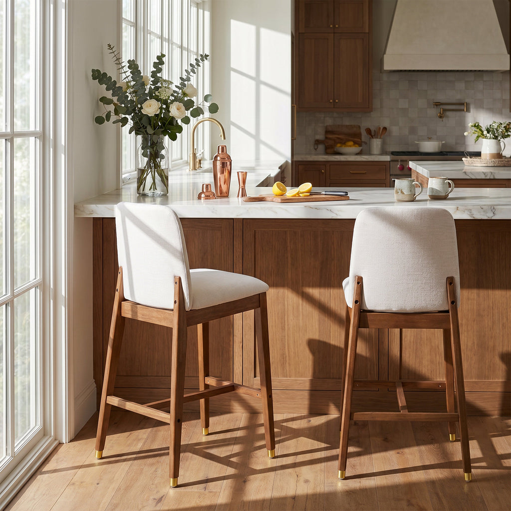Set of 2 Mid-Century Rubberwood Bar Stools