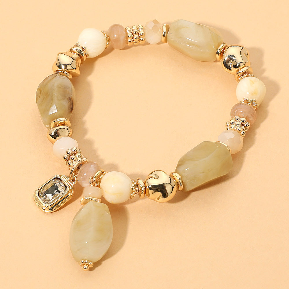 Faceted Stone Charm Beaded Stretch Bracelet