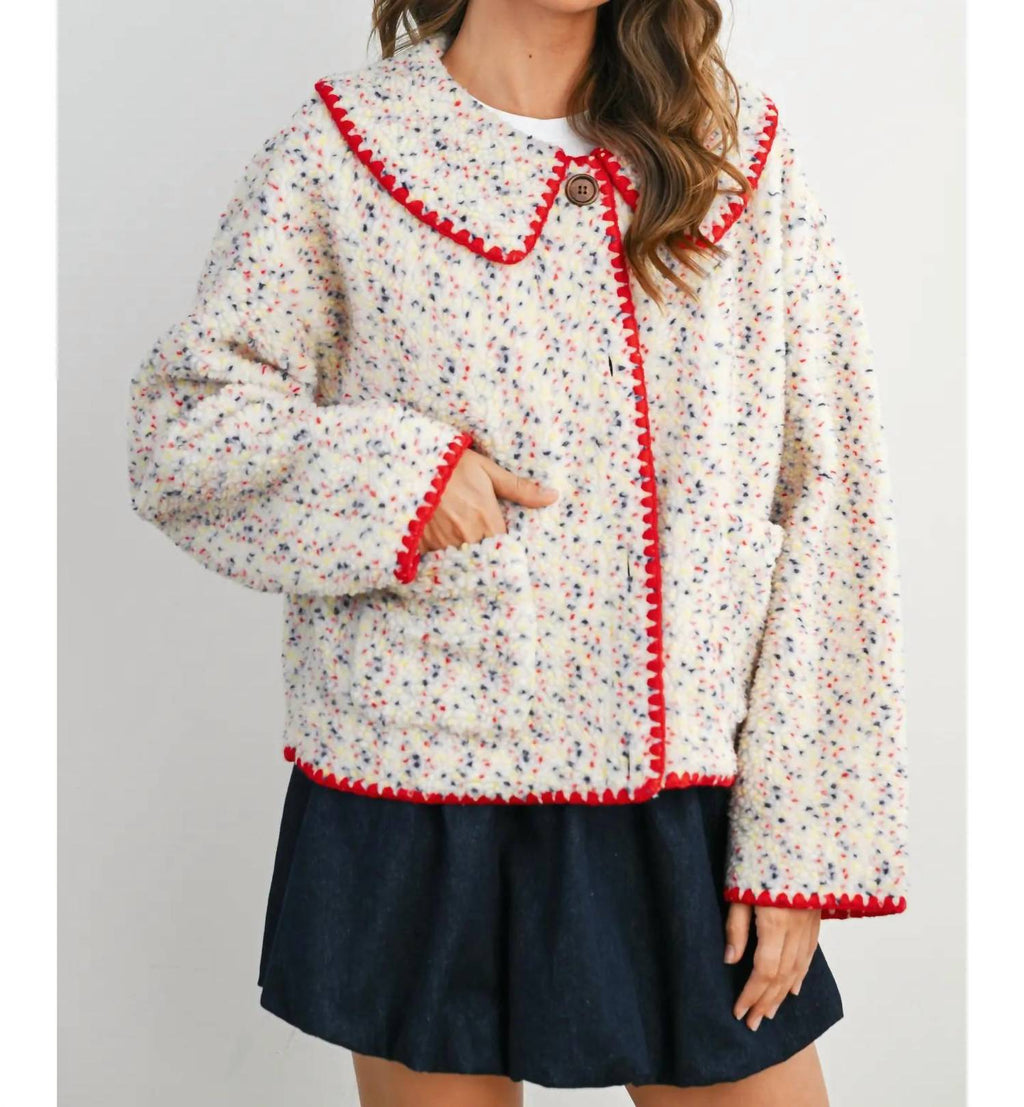 Buttoned Fleece Puffer Jacket In Ivory Multi