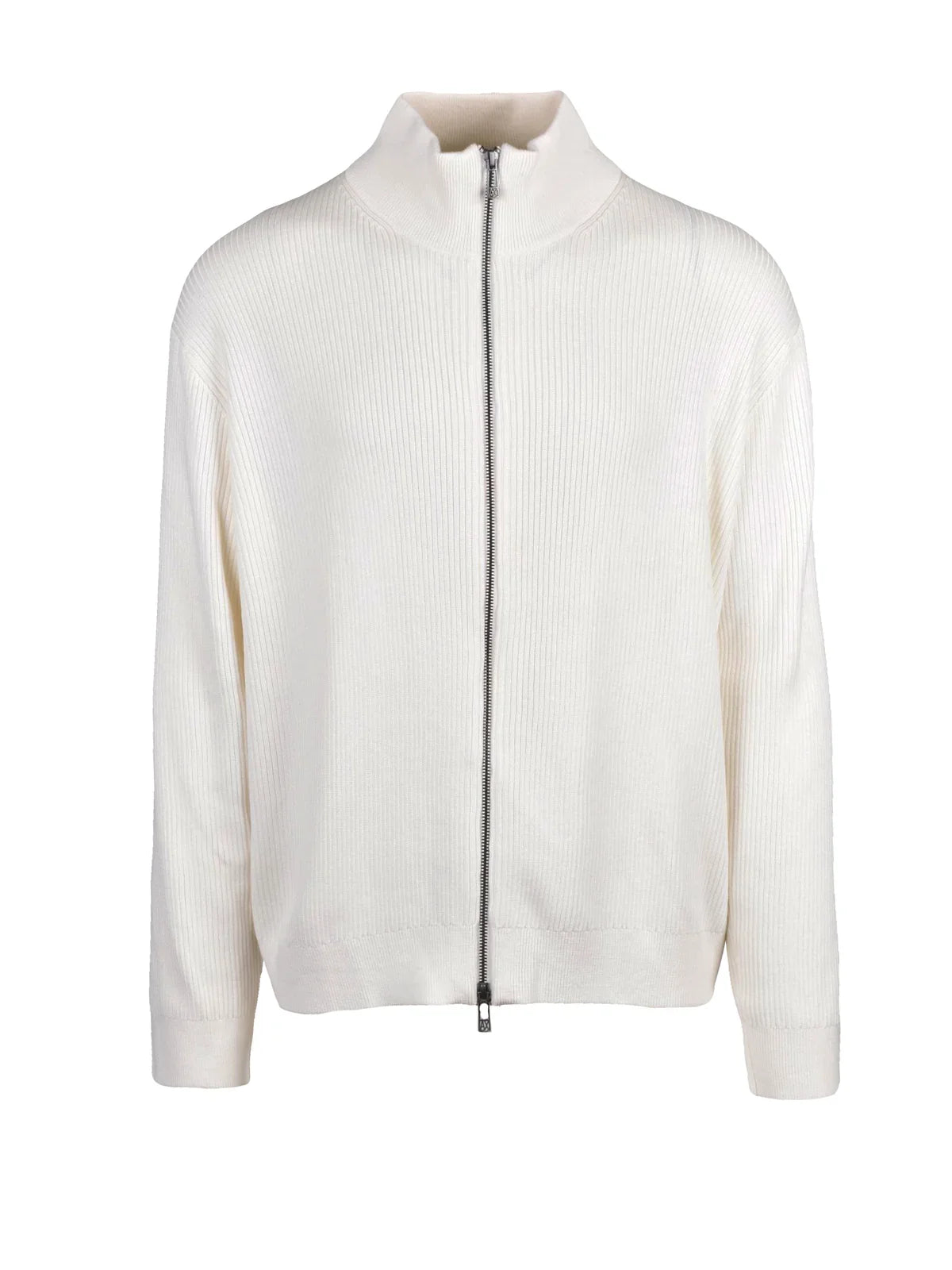 White Ribbed Knit Wool-Blend Zip Cardigan