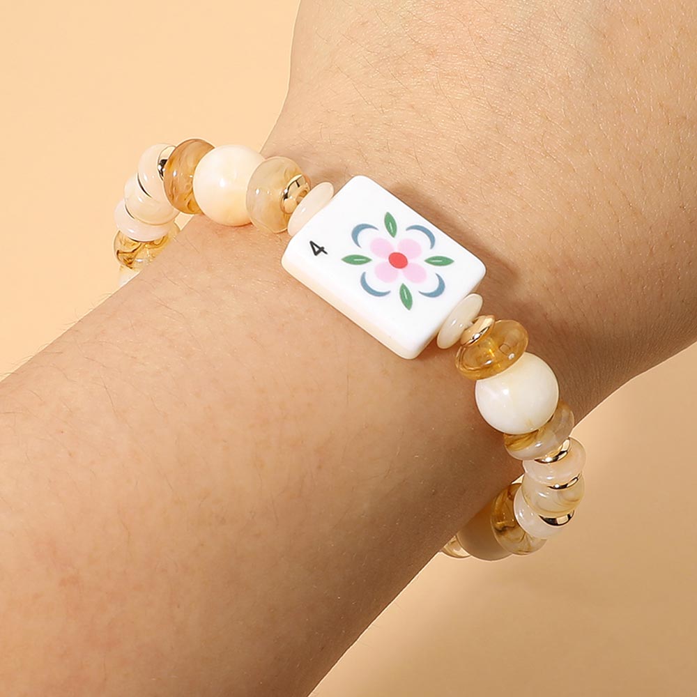 Mahjong Tile Charm Accent Beaded Stretch Bracelet