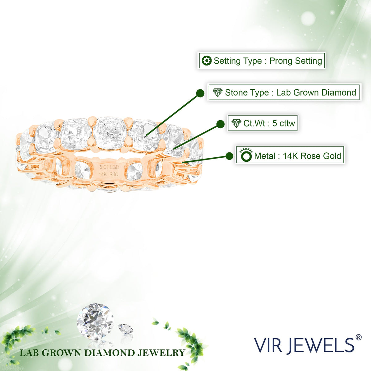 5 cttw Cushion Lab Grown Diamond Eternity Ring Wedding Band in 14K Rose Gold For Women