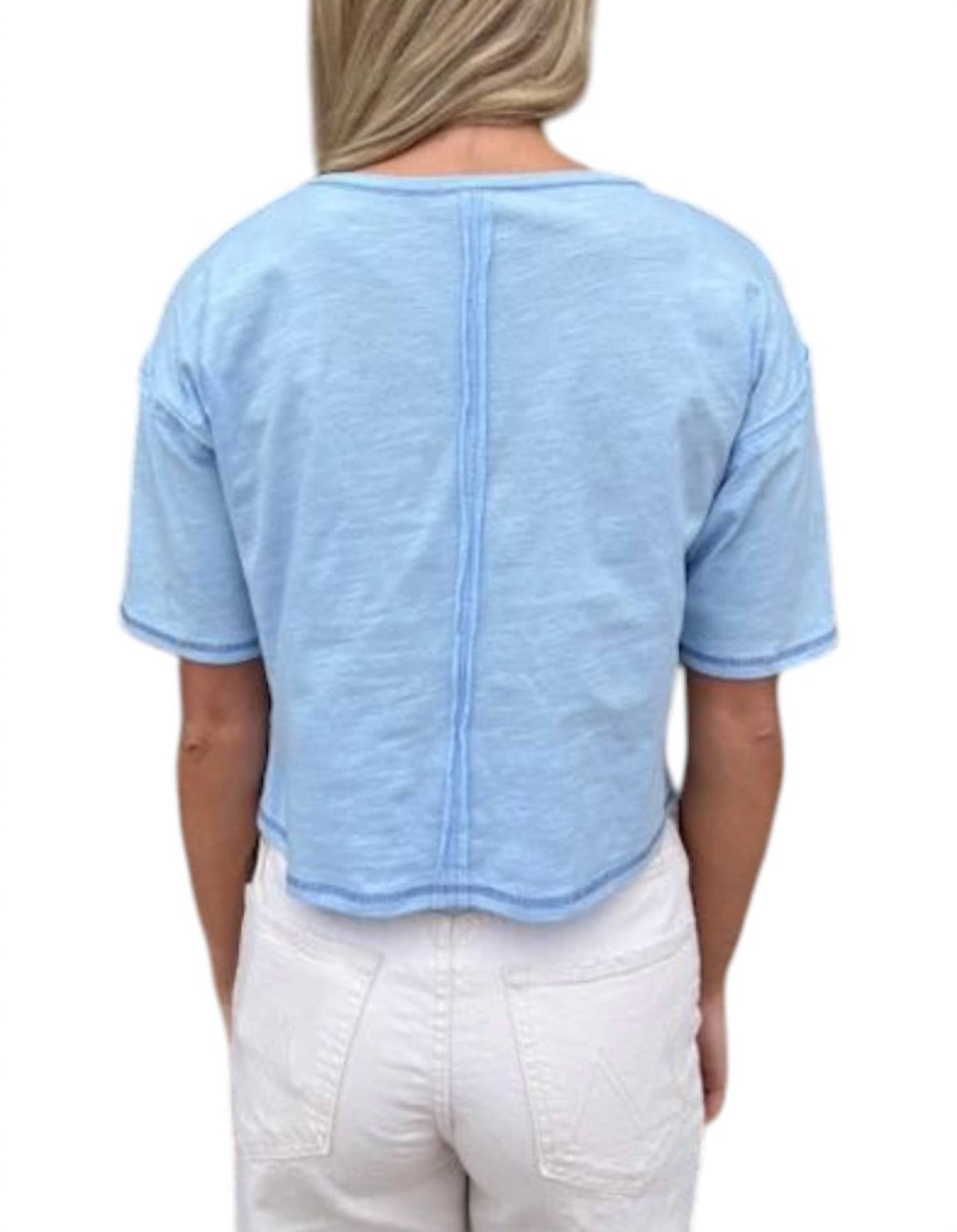 Beaded Floral Applique Slub Tee In Light Blue