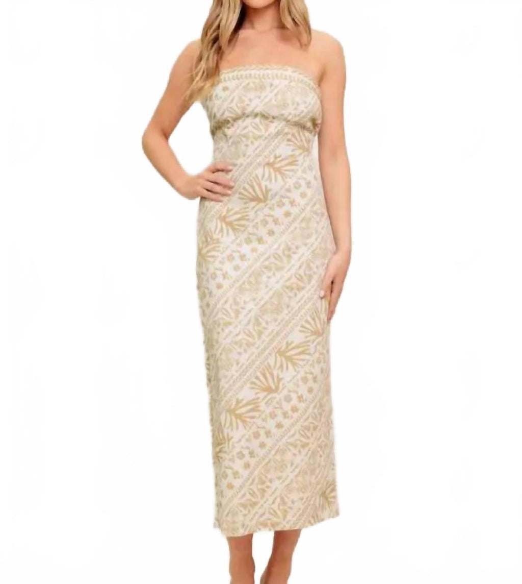Printed Woven Midi Dress In Beige