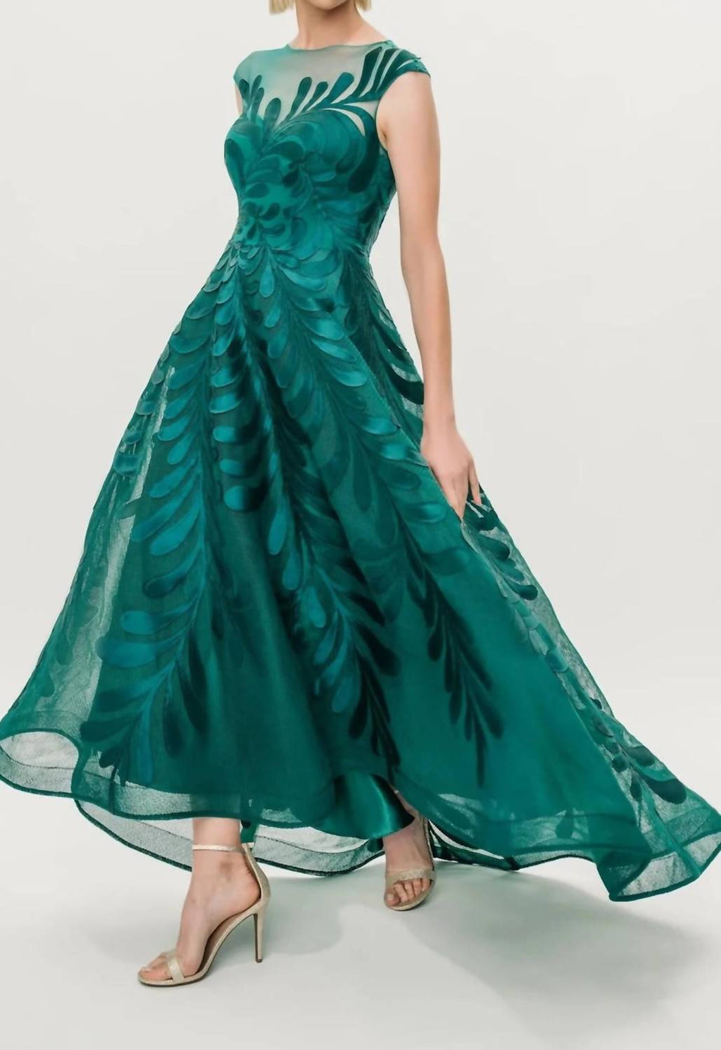 Bateau Neck High Low Formal Midi Dress In Juniper