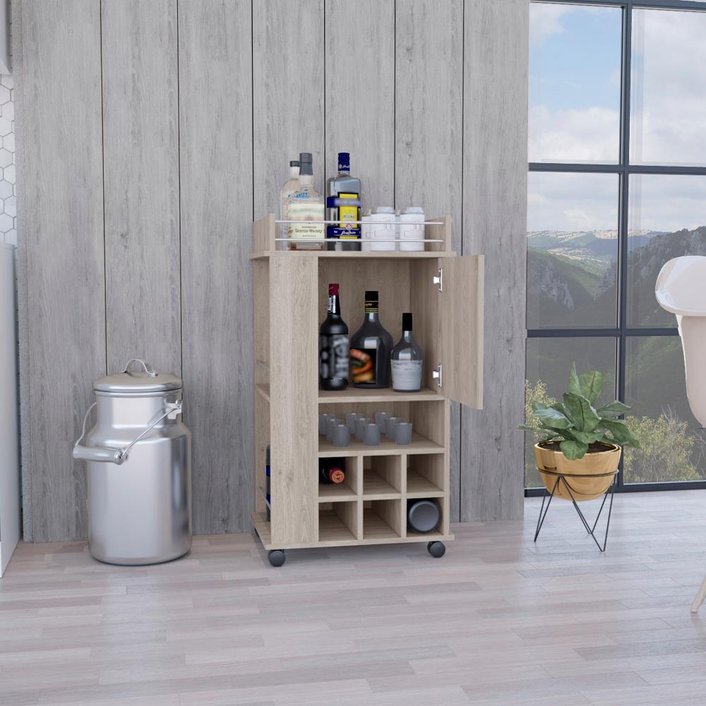 Bar Serving Cart with Six-Bottle Wine Storage and Mobility Wheels