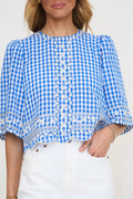 Short Sleeve Gingham Embroidery Detail Top In Blue