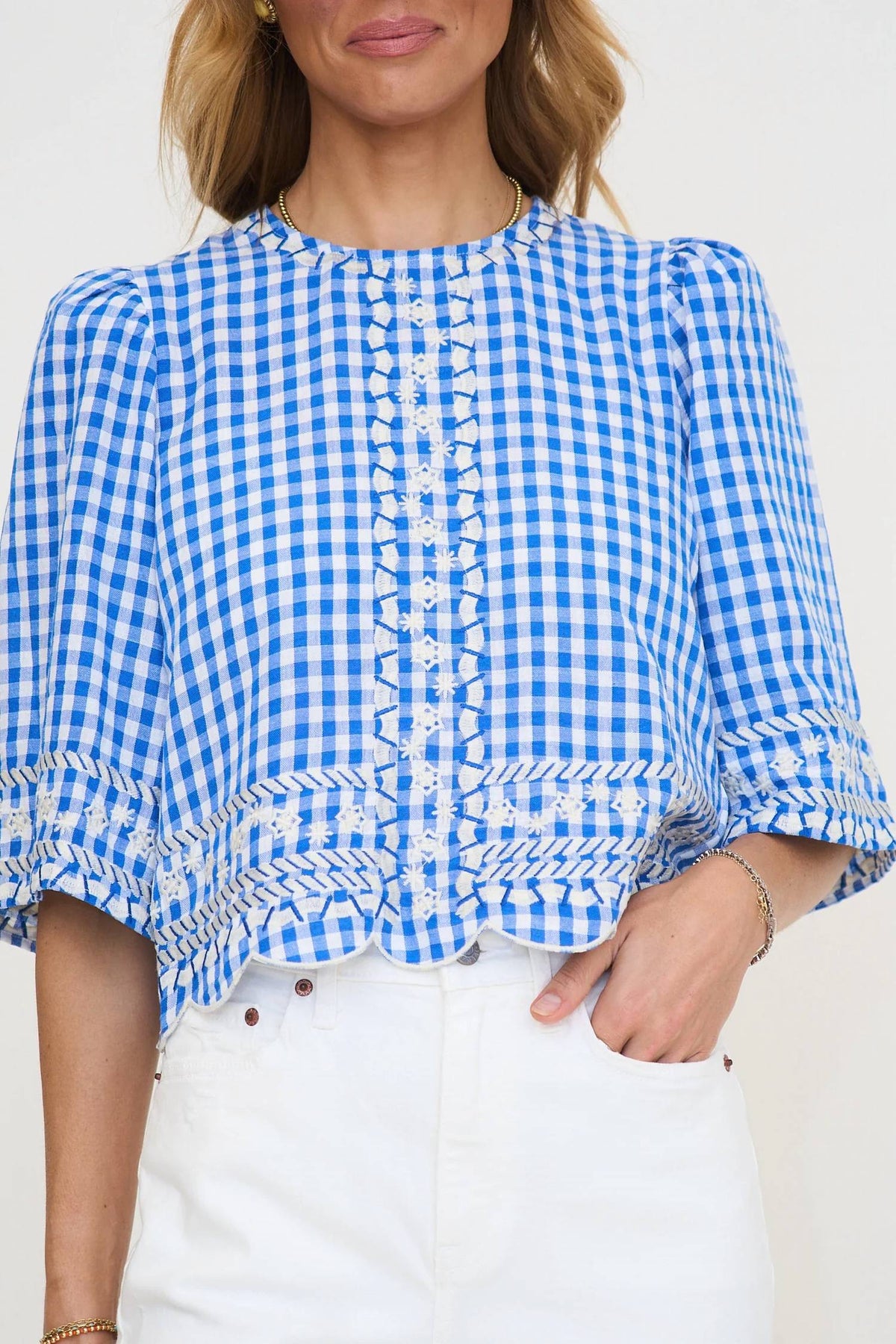 Short Sleeve Gingham Embroidery Detail Top In Blue