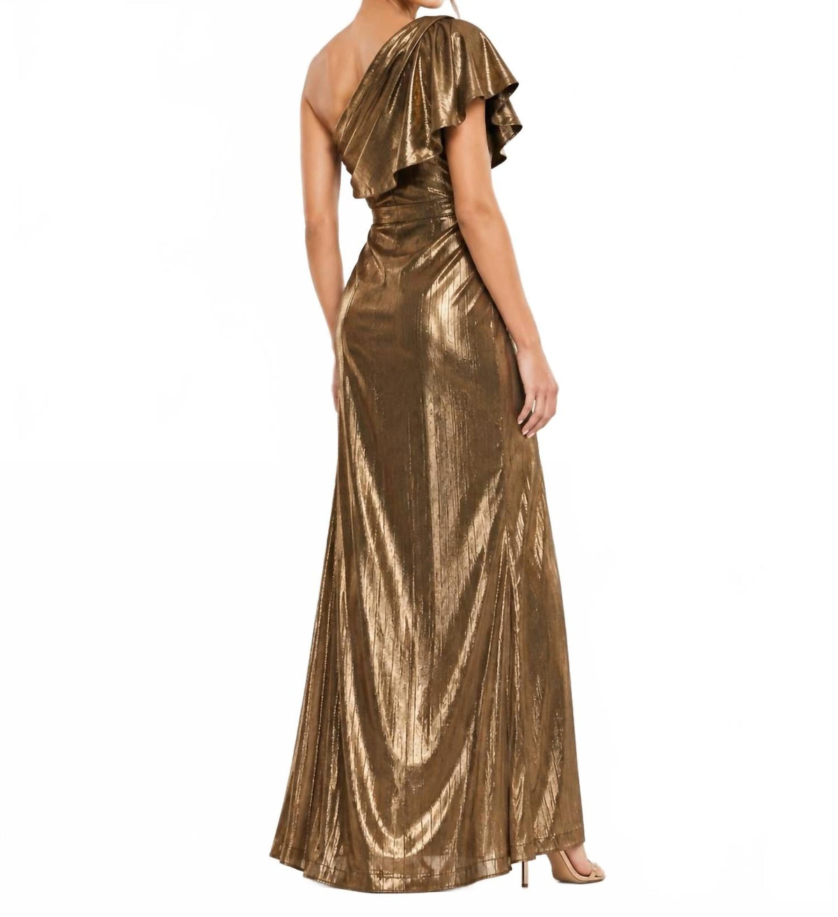 One Shoulder Shimmer Slit Gown In Copper