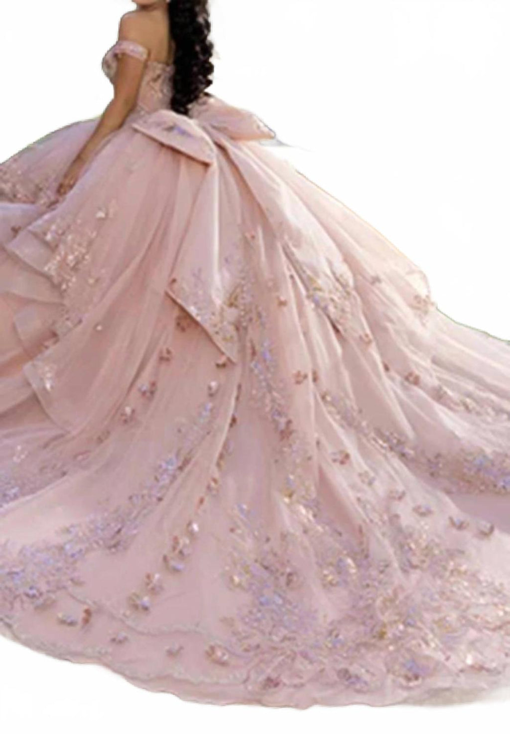 Layered Lace Off Shoulder Gown In Rosegold