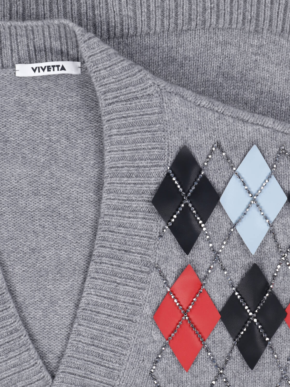Grey Wool V-Neck Rhinestone Cardigan