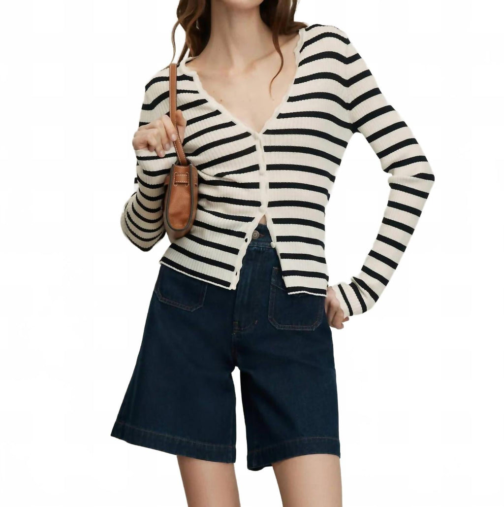 Anwin Merino Wool Cardigan In Dove Navy Stripe