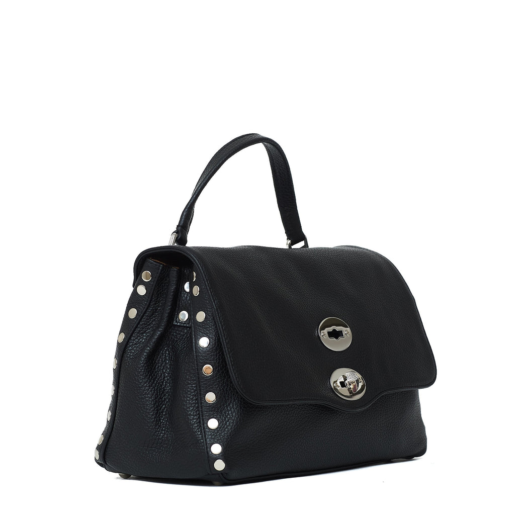 Structured Pebbled Leather Dual Closure Shoulder Bag