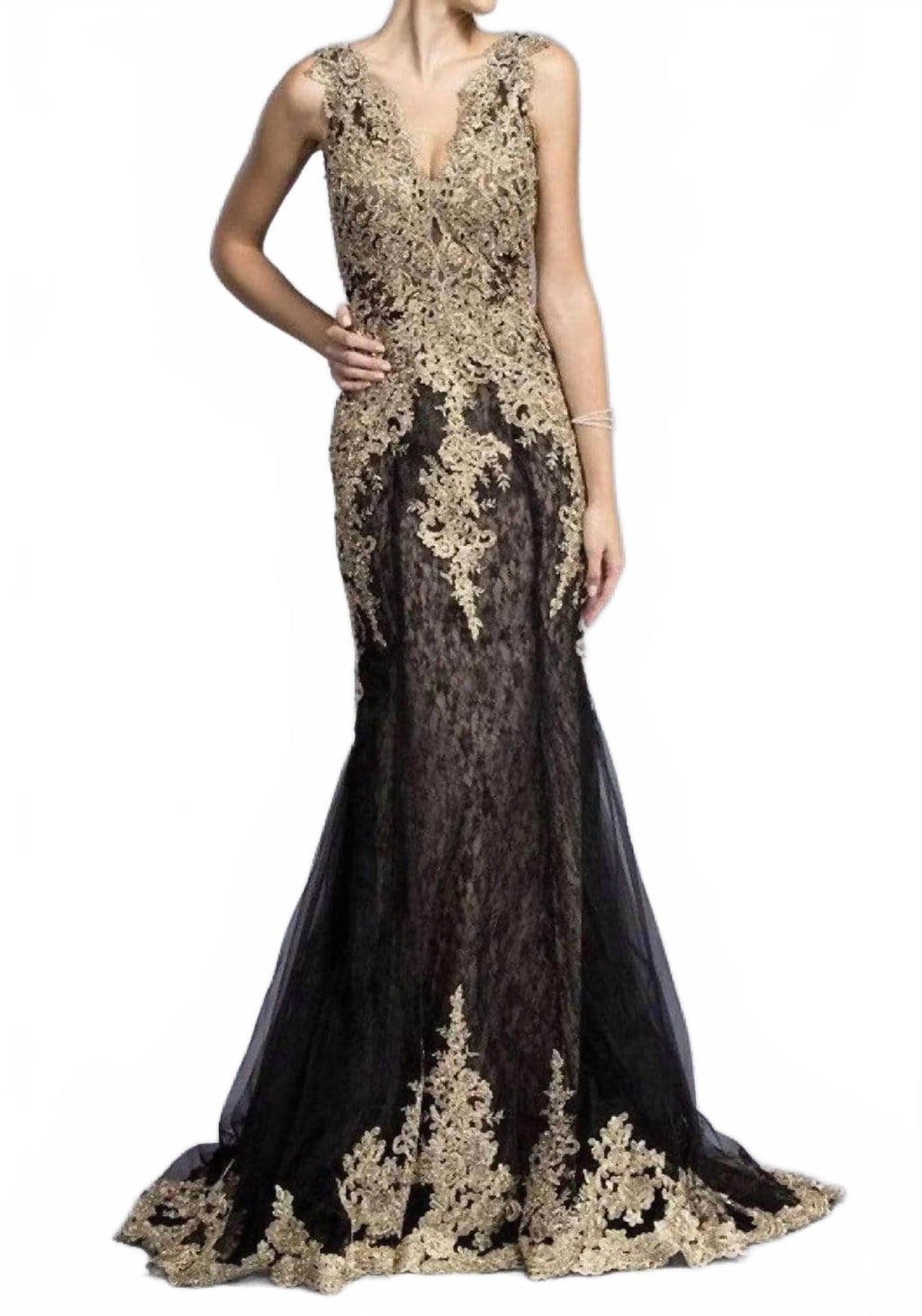 Applique V-Neck Evening Maxi Dress In Black/gold