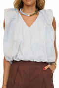 Poplin V-Neck Bubble Top In Earthy Blue Stripe
