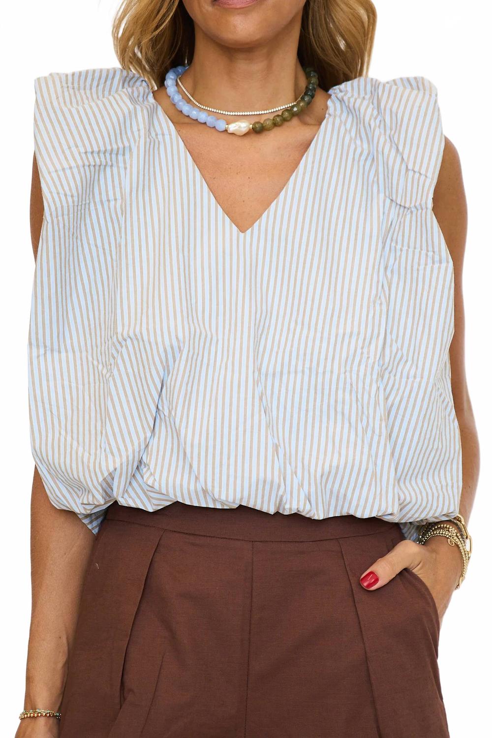 Poplin V-Neck Bubble Top In Earthy Blue Stripe