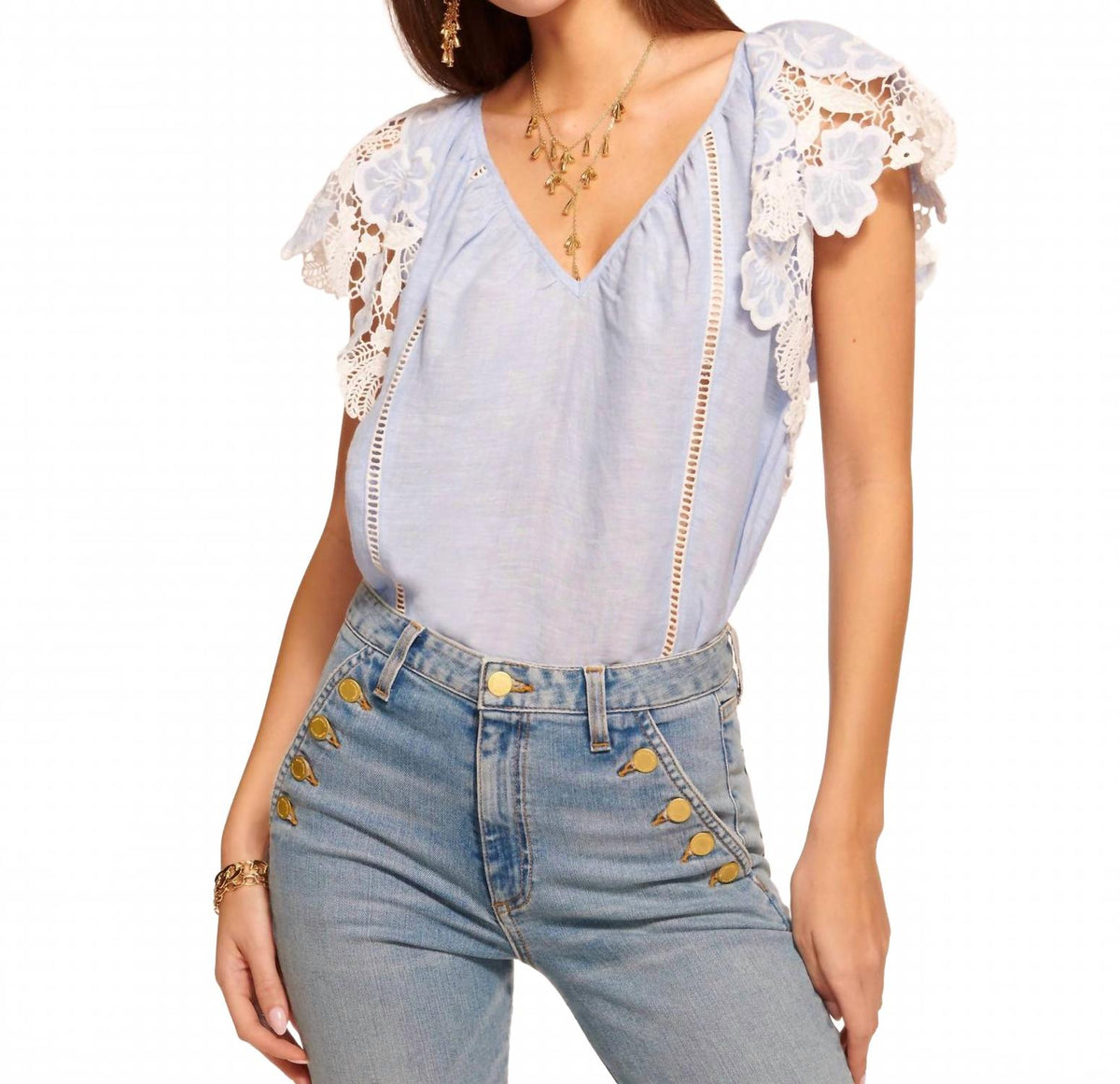 Hilary Linen V-Neck Top In Chambray