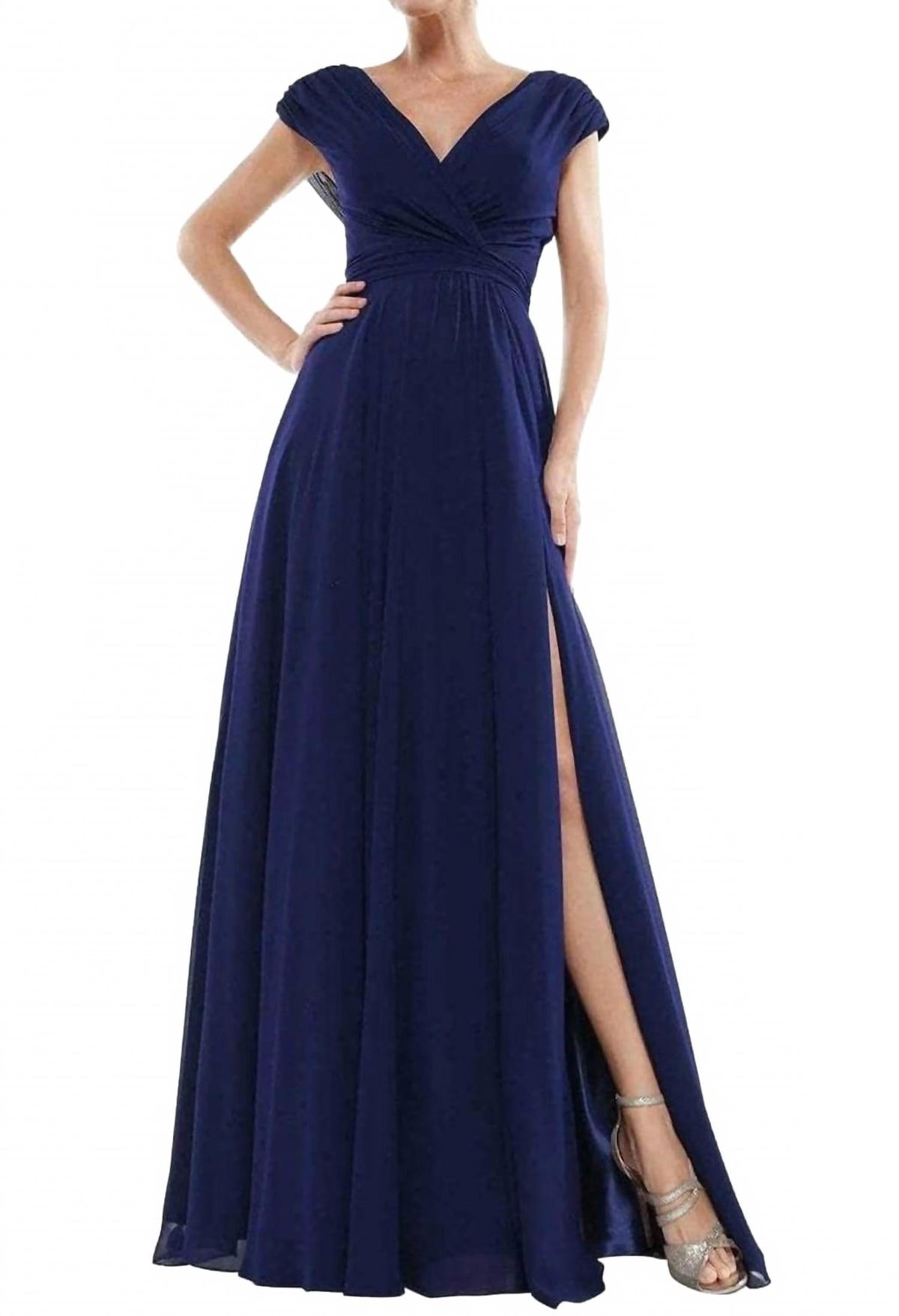 Gathered V-Neck Off Shoulder A-Line Gown In Navy