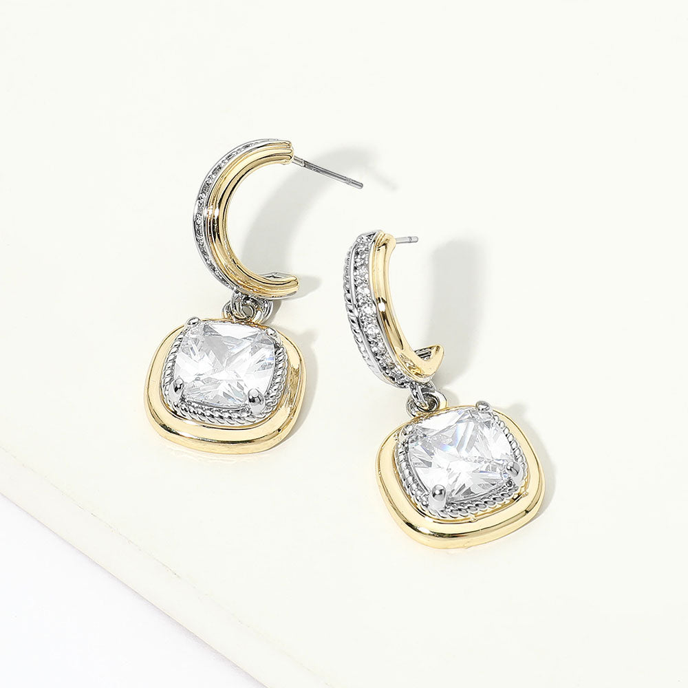 14K Gold Plated Cushion Cut CZ Drop Hoop Earrings