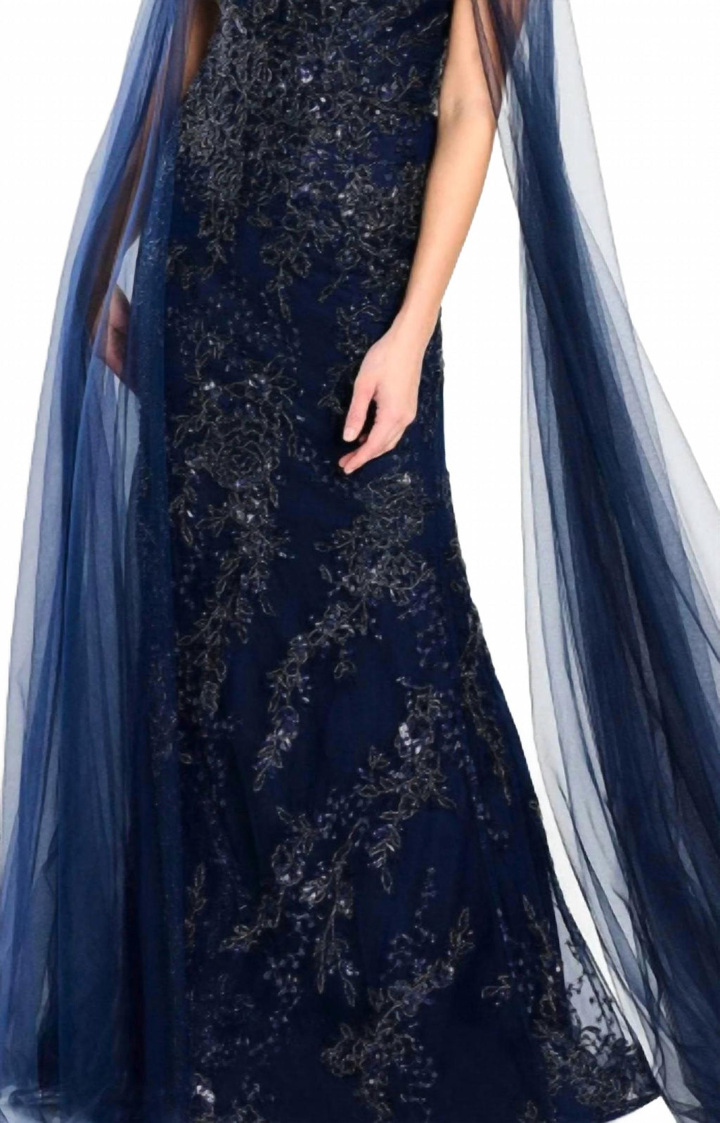 Beaded Off Shoulder Evening Gown In Navy