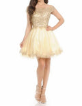 Off Shoulder Embellished Cocktail Mini Dress In Champagne Gold