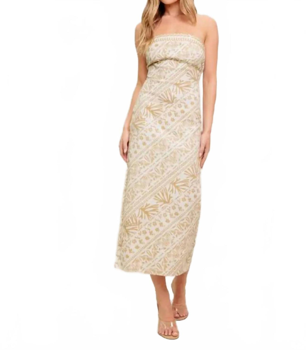 Printed Woven Midi Dress In Beige