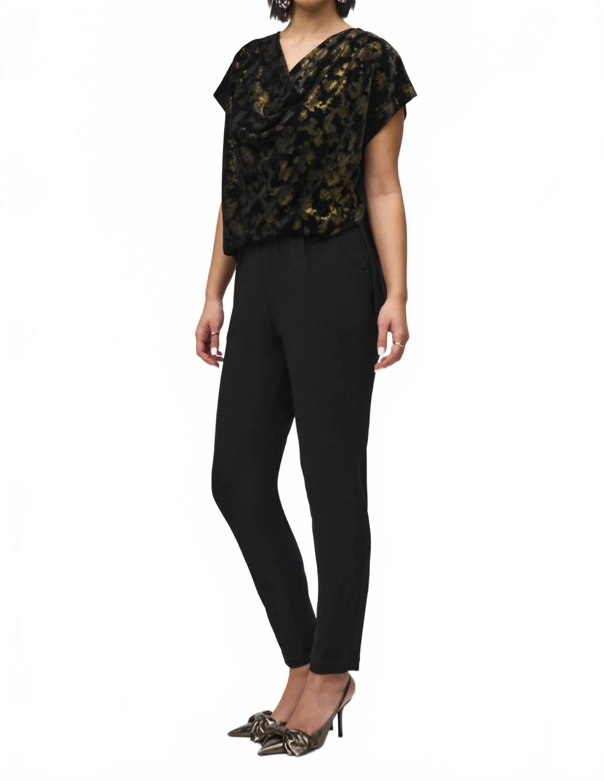 Silky Knit And Foiled Velvet Jumpsuit In Black/gold